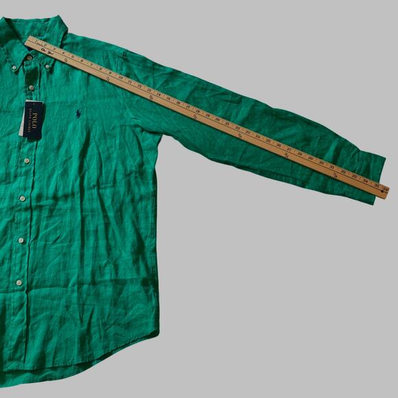 Polo Ralph Lauren Shirt Mens Large Green Classic 100% Linen button Long Sleeve - Picture 10 of 11
